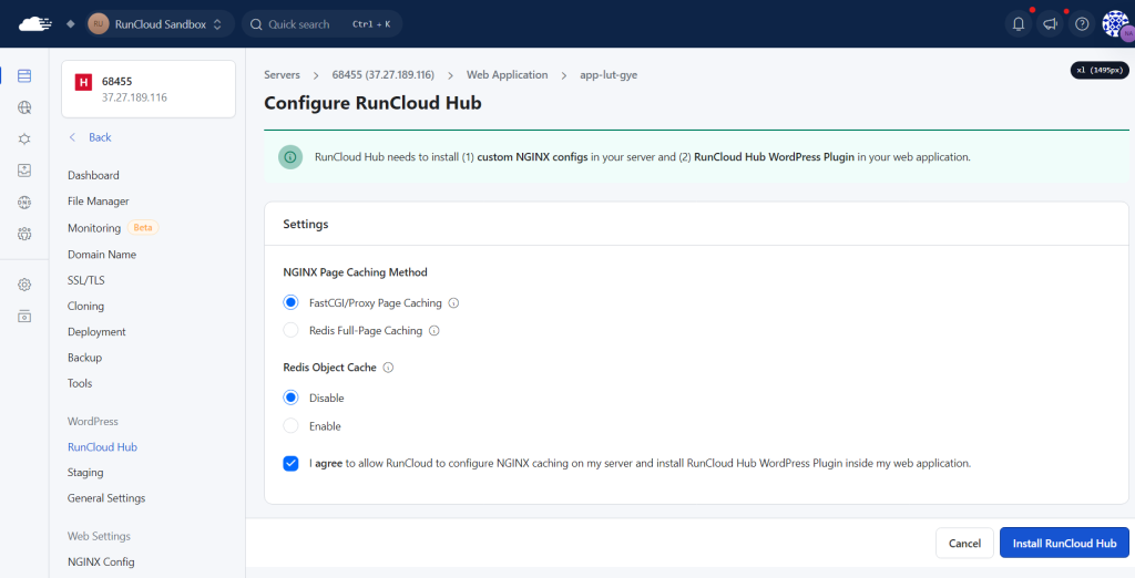 Enabling Nginx Caching via RunCloud Hub