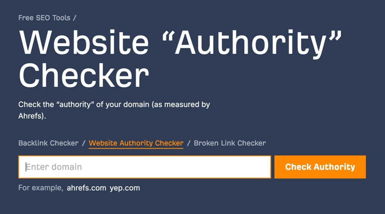 ahref's website authority checker with title, paragraph, and search feature.