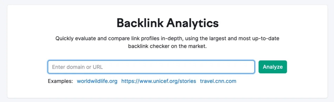 Backlinks Analytics backlink search with title, paragraph, search field, and button.