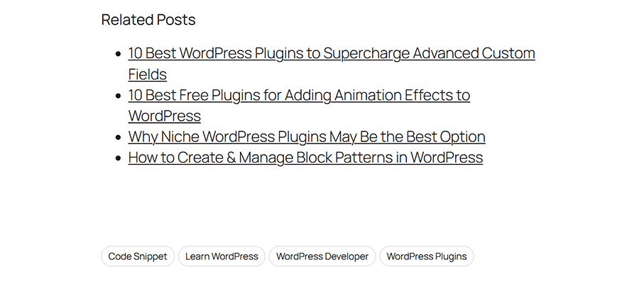 A list of related posts displays at the bottom of each blog post.