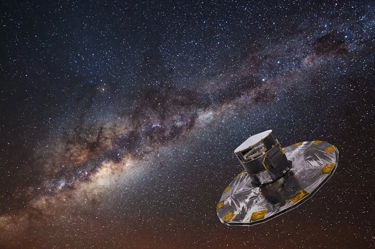 A background of stars on a dark sky including the beautiful, dusty stripe of the Milky Way. In the bottom left quadrant is the Gaia spacecraft. It looks like a top hat with a wide brim. It’s mainly silver in colour with gold patches.
