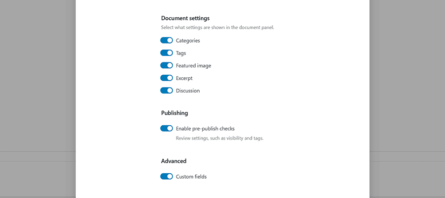 Turning on Custom Fields in the WordPress Block Editor.