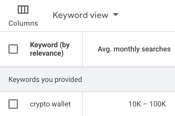 Google Keyword planner showing a wide range of search volume.
