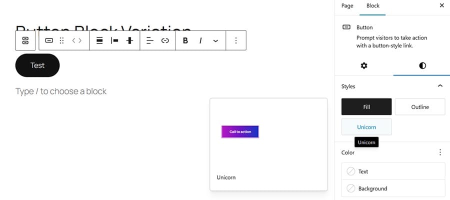 The "Unicorn" style variation is now available in the Block Editor.