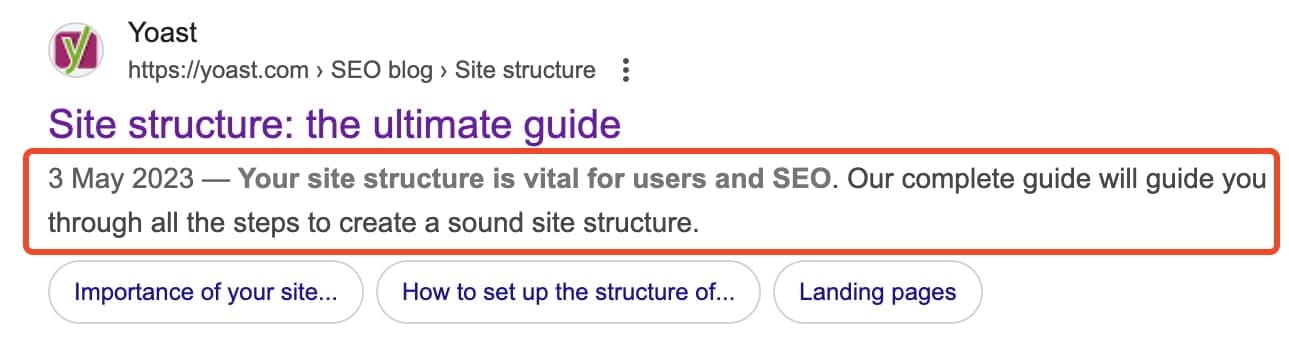 an example of a meta description showing the yoast site structure ultimate guide