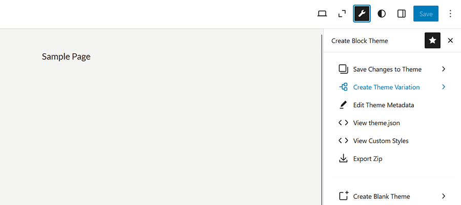 The Create Block Theme menu in the WordPress Site Editor.