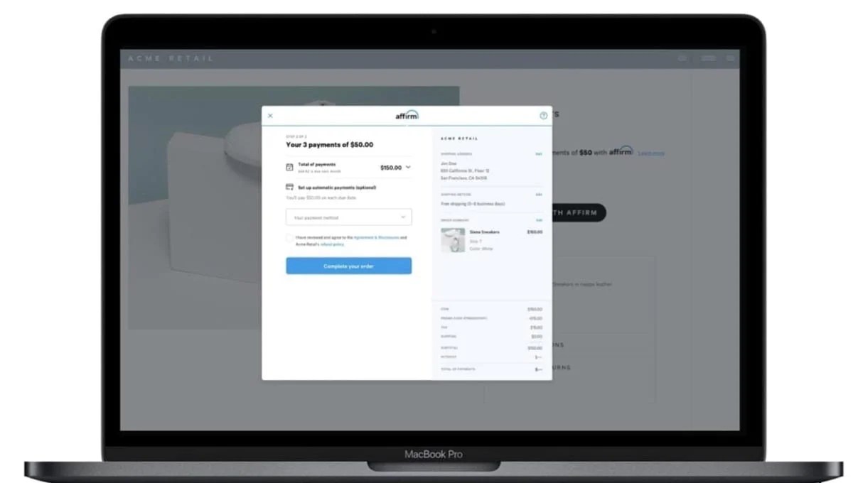 example of Affirm checkout process within WooCommerce