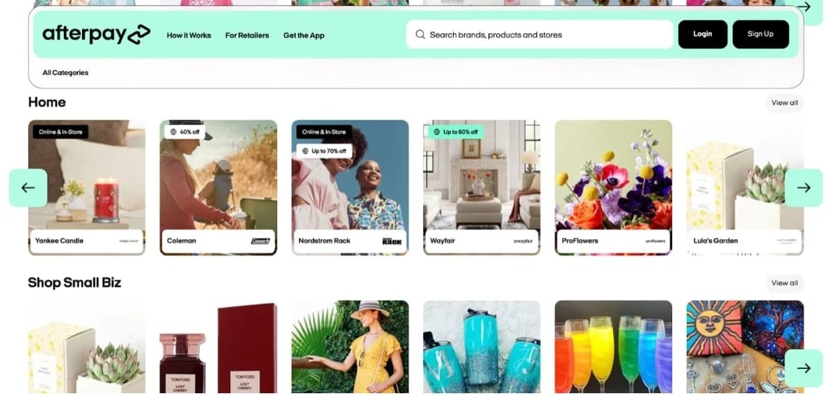 Afterpay brand directory showcasing a variety of partners