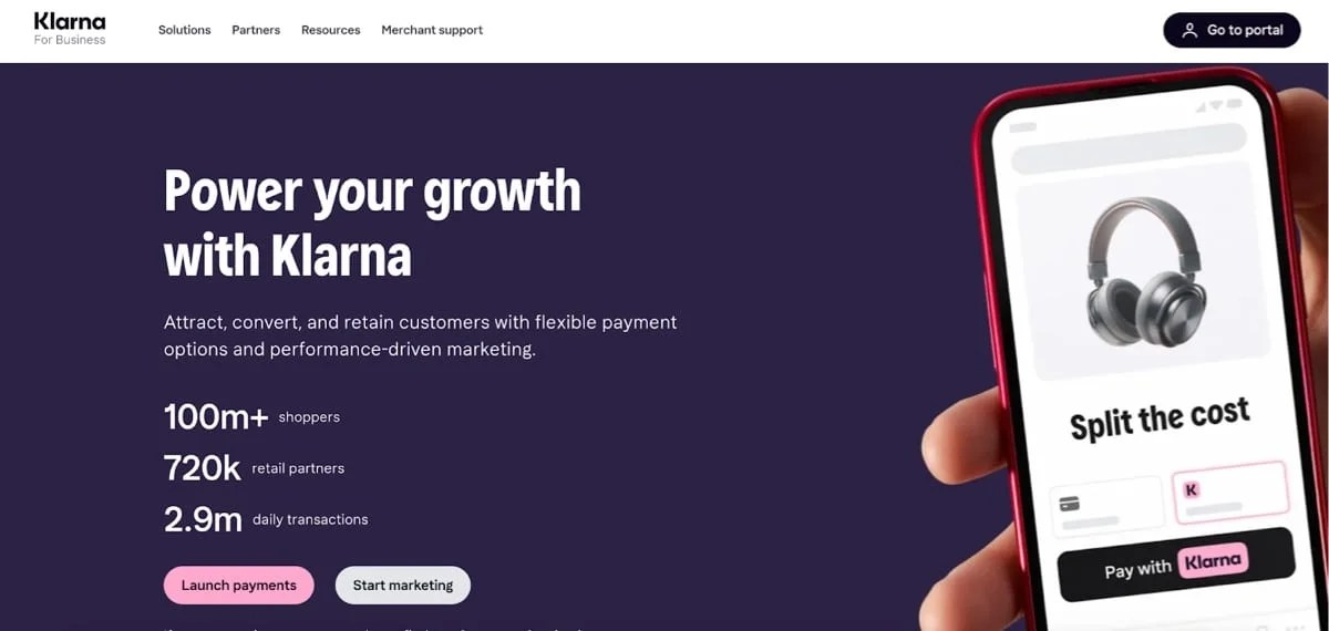 Klarna homepage with the text, "Power your growth with Klarna"