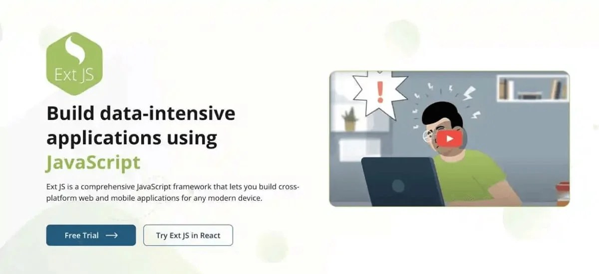 EXT JS landing page featuring a video and clear CTA buttons
