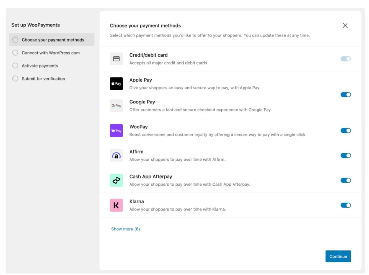 options to choose payment methods with WooPayments