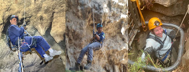 Three images of people in roping harnesses and helmets either dropping into or climbing into caves.