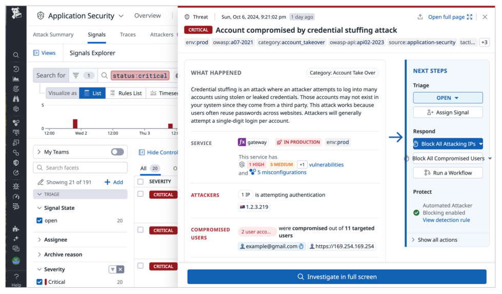 example of application security with DataDog