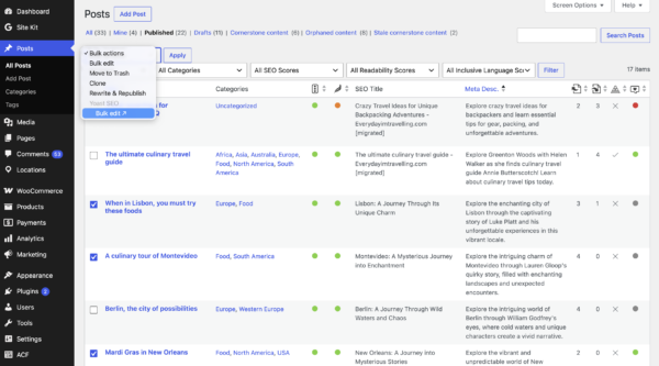 WordPress Posts screen with the bulk actions dropdown open, showing the Yoast SEO Bulk edit option.